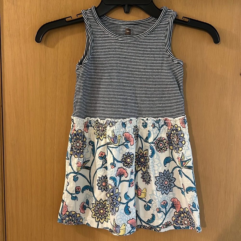 Tea Kids Toddler Girls Floral Striped Sleeveless Dress Blue Cream Size 4